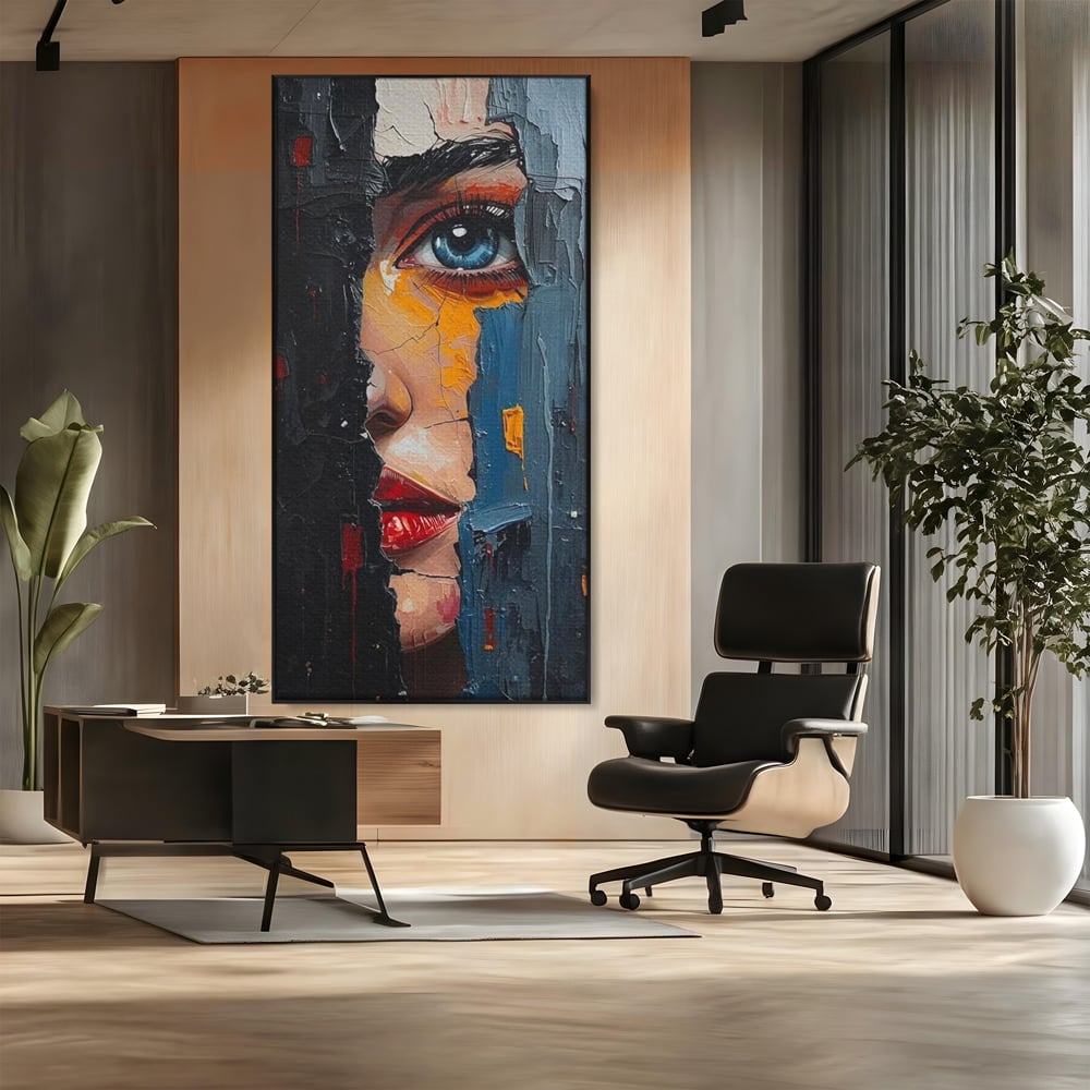 Tablou canvas cu tablou canvas cu portretul unei femei, in rama de aluminiu negru, pe perete intr-un birou